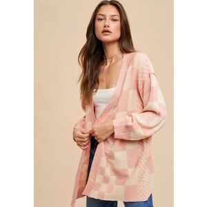 Soft Pink Checkered Open-Front Cardigan Sweater